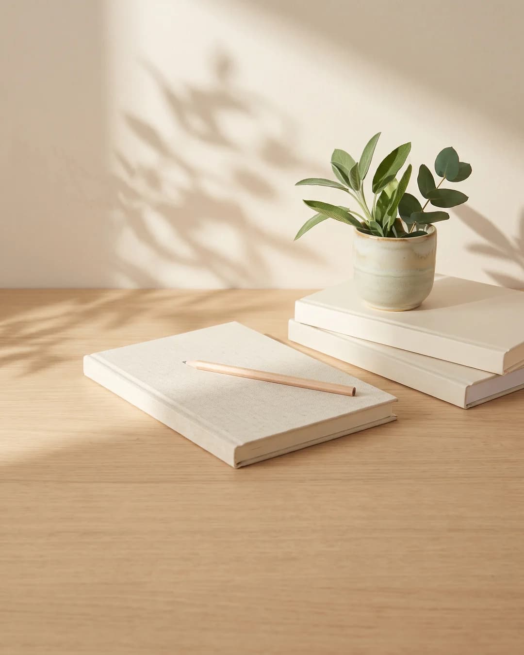 A plain notebook, a pencil and books on a light oak table