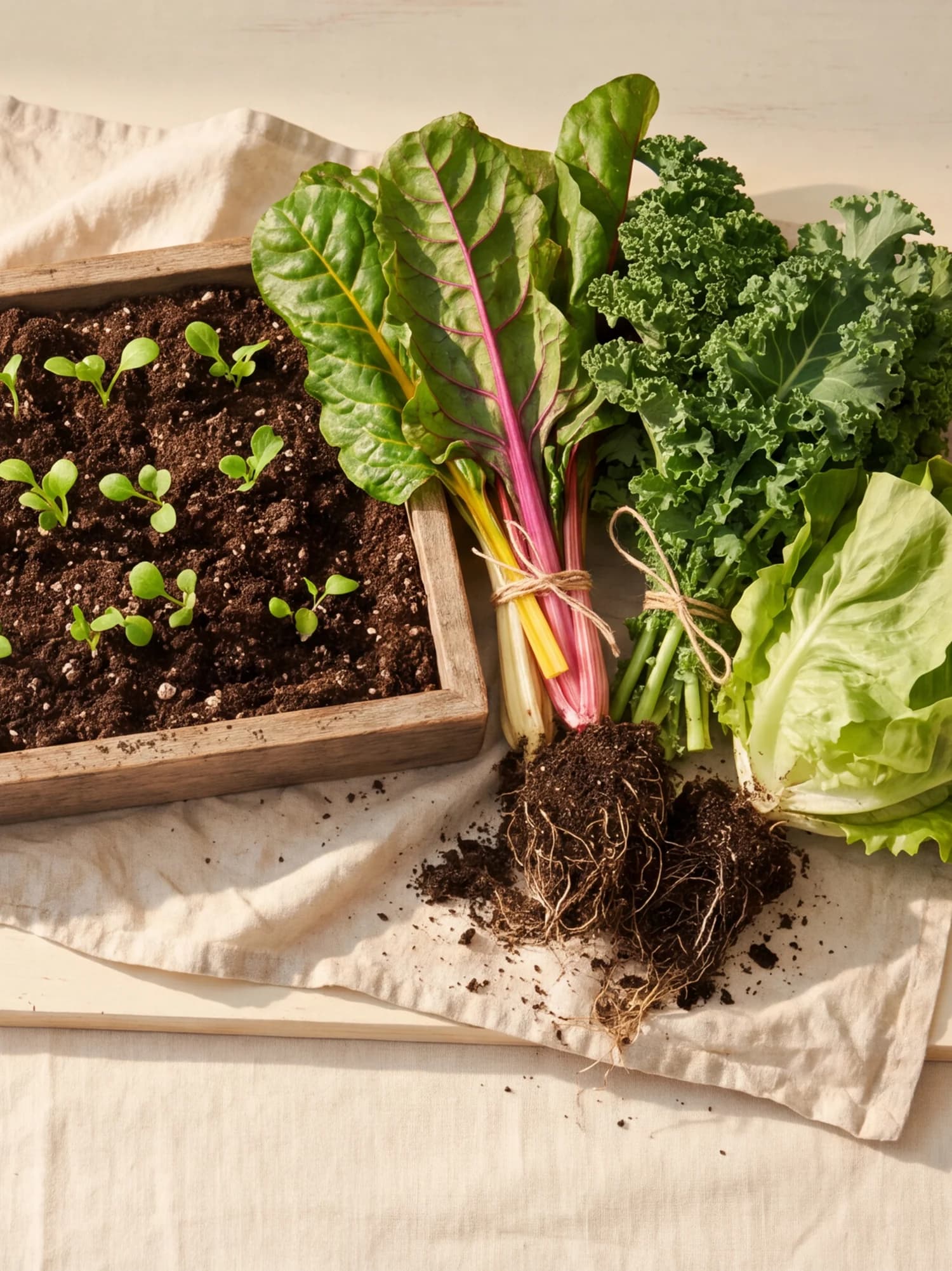 Seedlings in a tray of dark soil beside freshly harvested chard, kale and lettuce