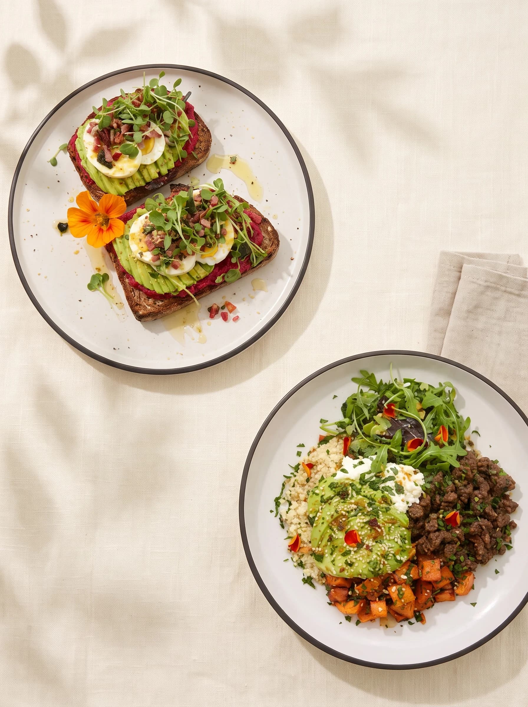 Harvest Toast and a grain bowl with avocado, sweet potato and beef on cream plates