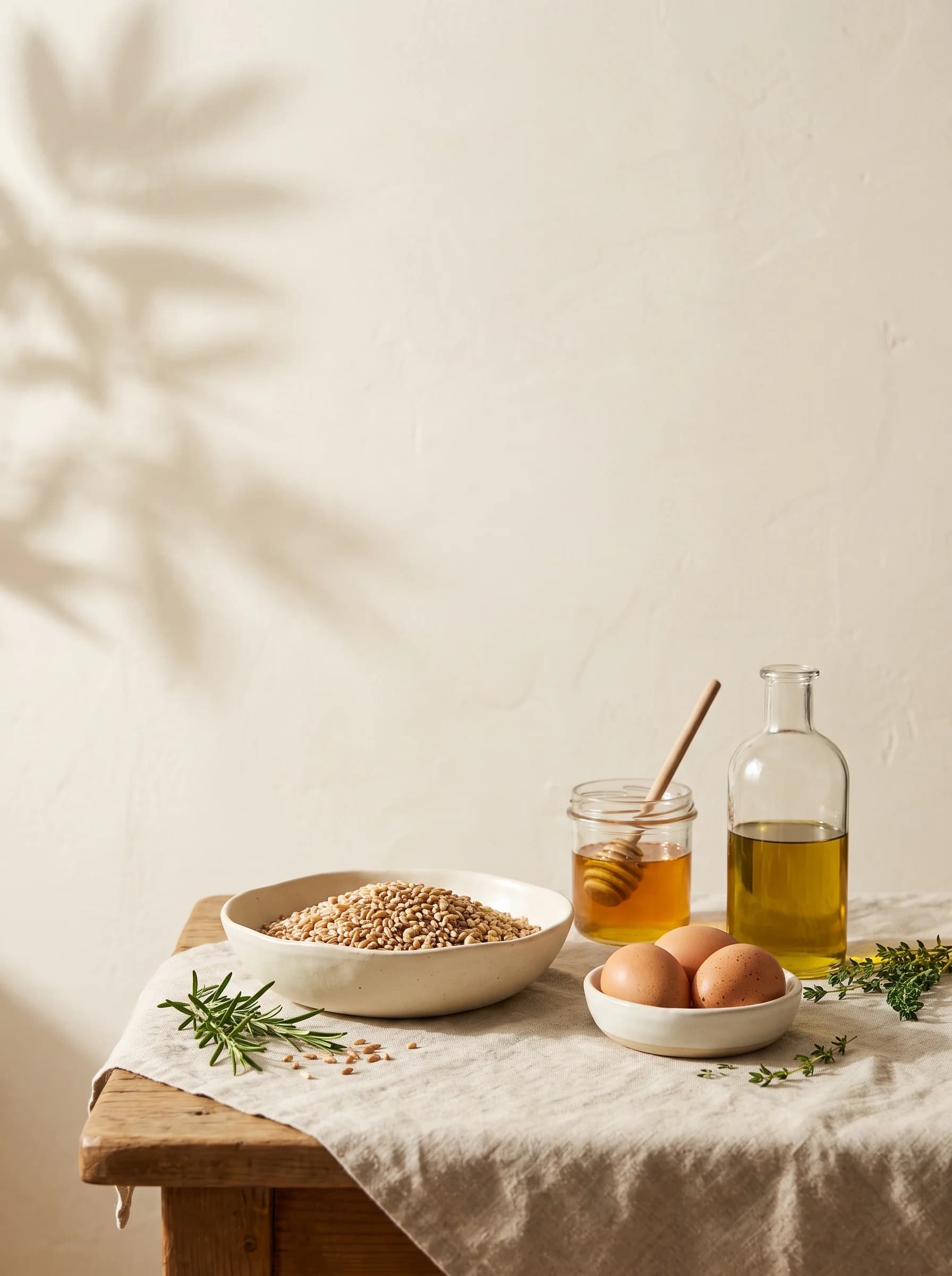 Whole grains, brown eggs, honey and olive oil on a linen-covered table